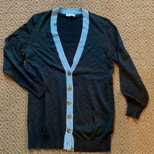 ToryBurch Pine/Aqua Logo Button Merino Cardigan classic long and great layer
